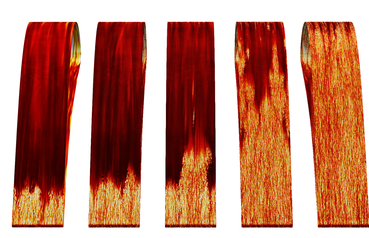This visualization shows the instantaneous wall heat flux on the suction surface of turbine blades in a high-pressure turbine engine. The levels of surface roughness in the leading-edge region are increasing from left to right.