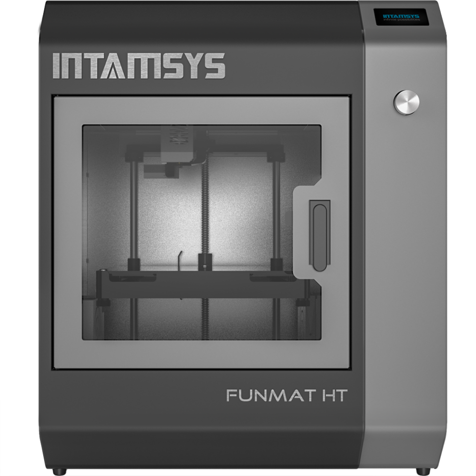A boxy black tabletop 3D printer