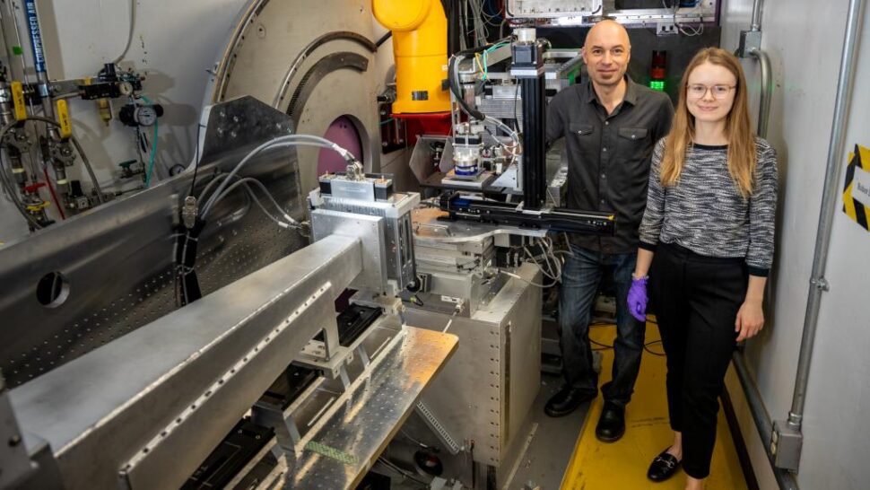 Mat Doucet, left, of Oak Ridge National Laboratory and Sarah Blair of the National Renewable Energy Lab used neutrons to understand an electrochemical way to produce ammonia.