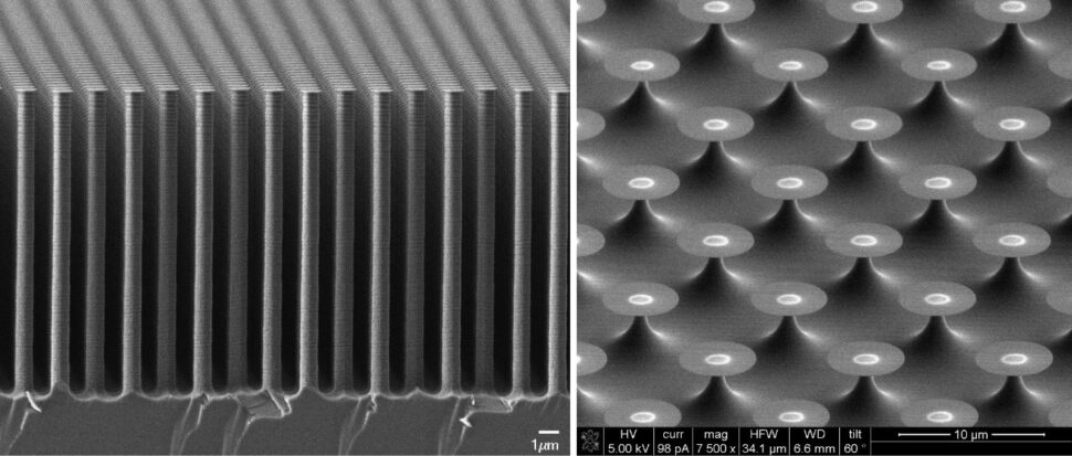 Microscopic material structures, one of long pillars and one of spikes with plates on the end