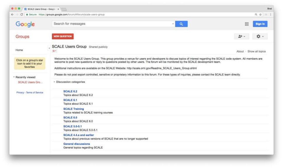 screenshot of the SCALE users' group site