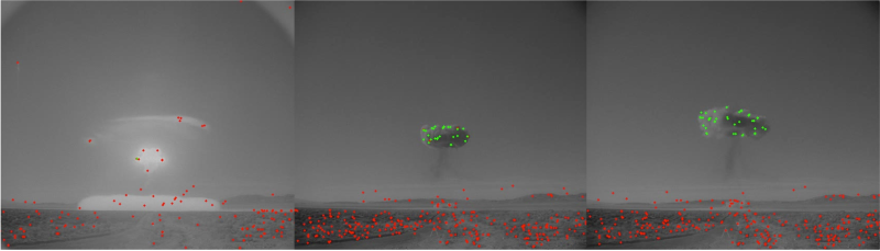 The green and red dots are the machine learning algorithm recognizing features in the image. Credit: Cody Lloyd/ORNL, U.S. Dept. of Energy