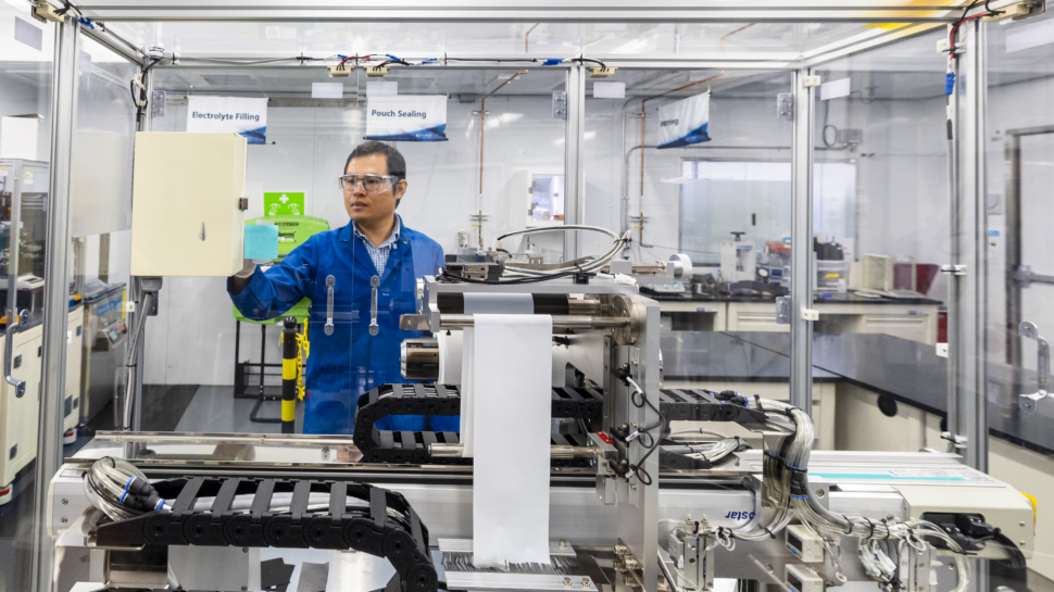 Zhijia Du making a pouch cell in the Battery Manufacturing Facility, BMF, at GRID-C.