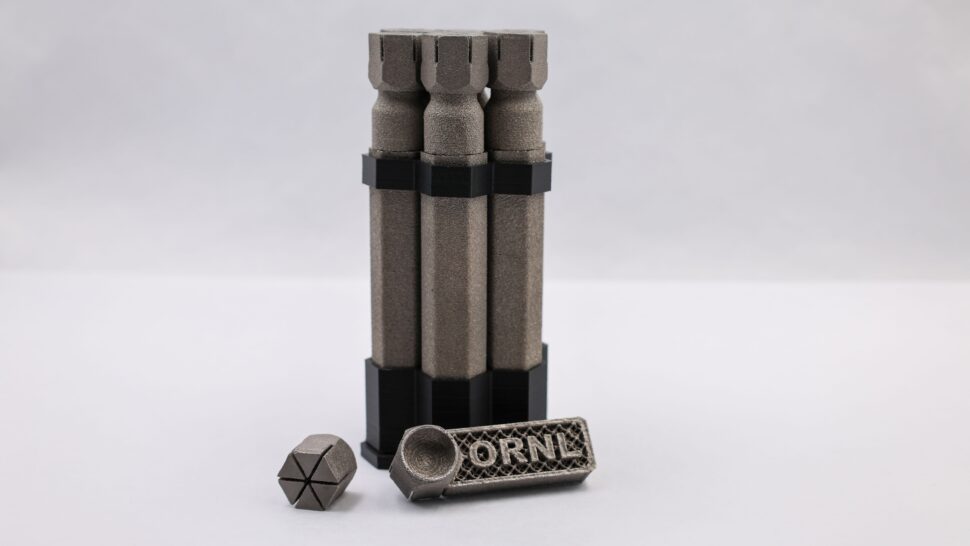 3D-printed tungsten parts featuring the ORNL acronym, developed by researchers at Oak Ridge National Laboratory.