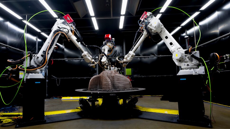 Three robotic arms are angled down, operating together to craft materials.