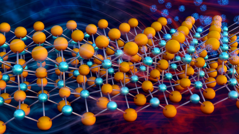 A representation of the crystal lattice of the thermoelectric compound Mg3Sb2 (magnesium atoms in orange, antimony in blue). An electric current is generated as heat traverses the material, propelled by phonon waves.