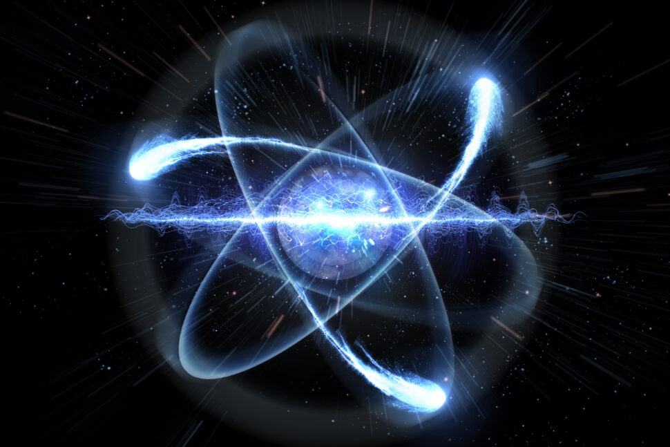 Close up of pink atomic particle background science 3D illustration