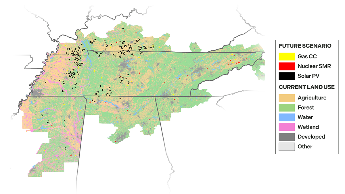 A map of Tennessee and surrounding states demonstrates current land use as well as land use for energy in a future scenario.