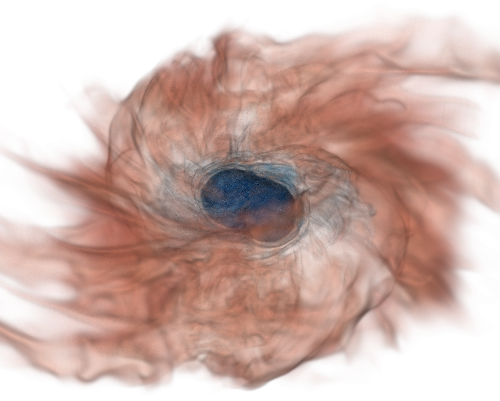 brown vortex with blue center illustrating two neutron stars merging