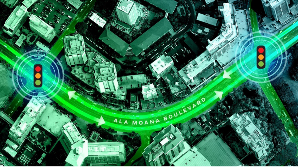 : AI-controlled traffic signals optimize flow along Honolulu’s Nimitz Highway and Ala Moana Boulevard.