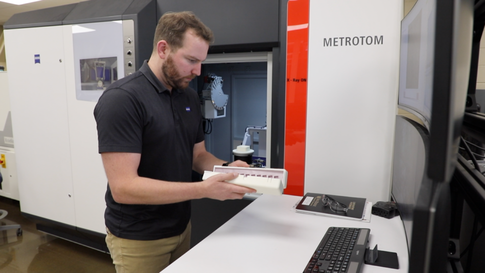 A 3D-printed metal sample is prepared for X-ray computed tomography analysis at the Manufacturing Demonstration Facility at ORNL.