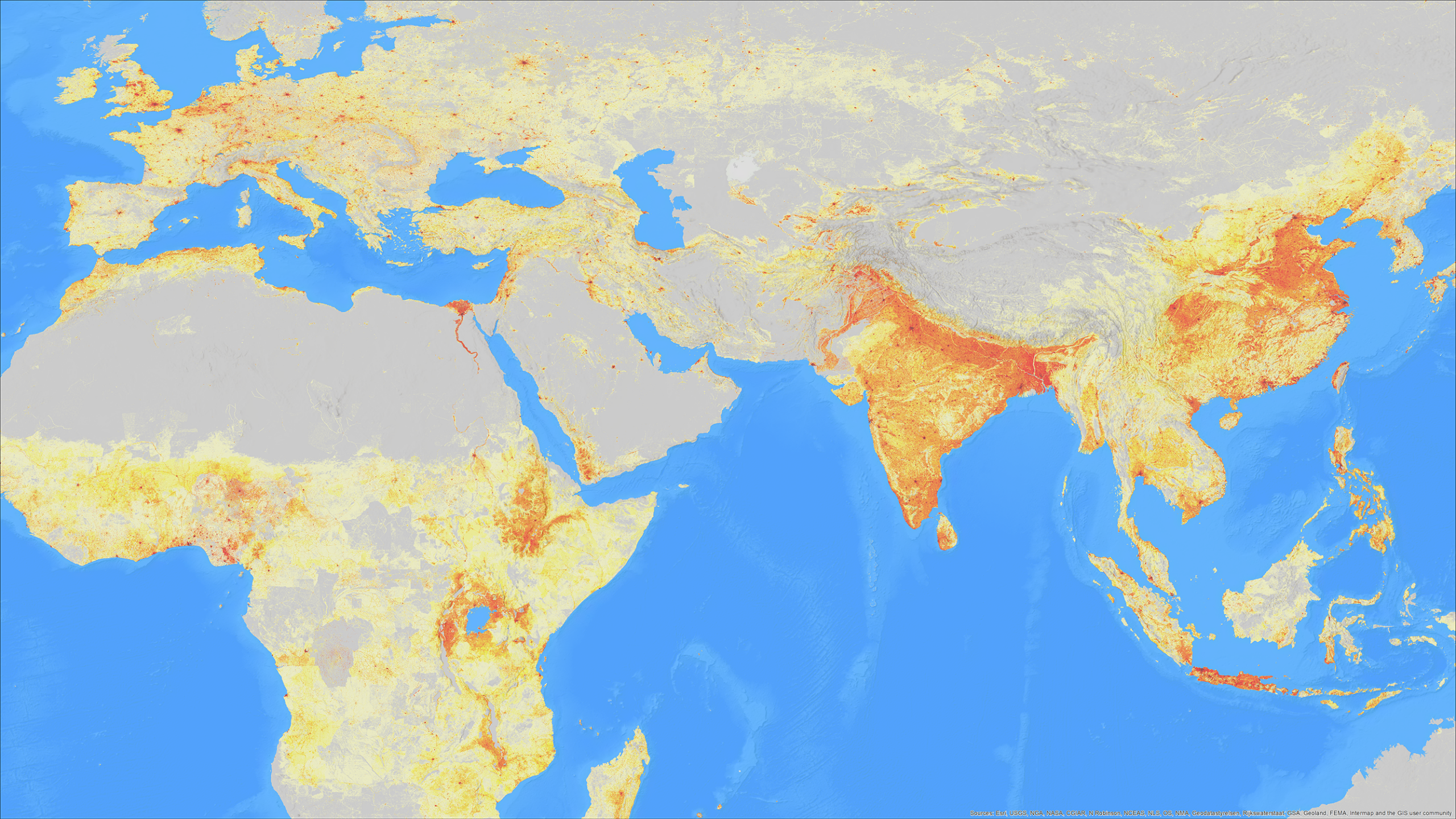 World map showing color-coded population density