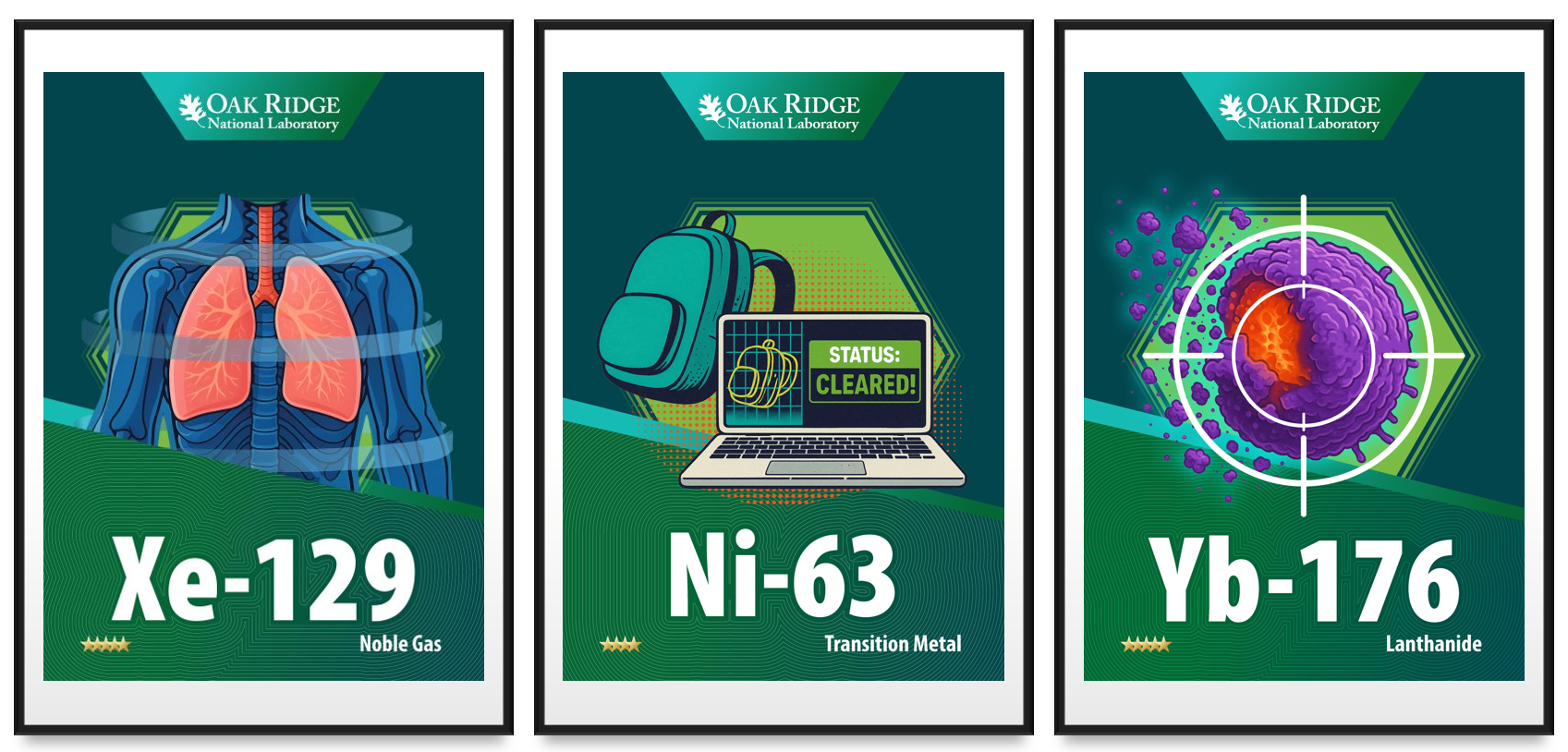 Three Oak Ridge National Laboratory isotope trading cards featuring Xenon-129, Nickel-63 and Ytterbium-176.