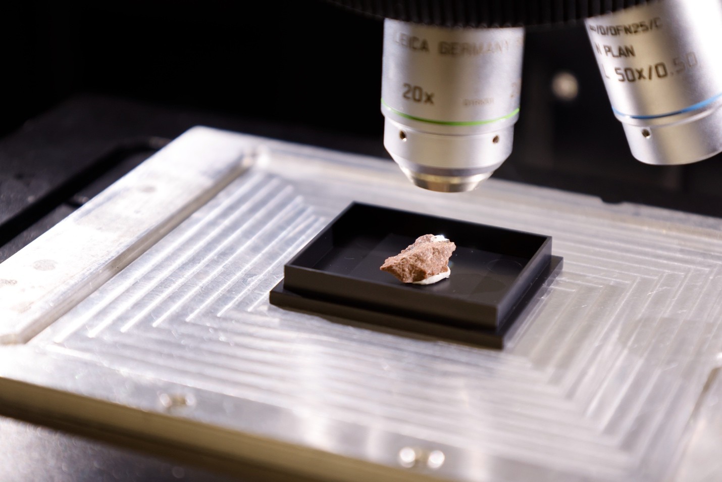 A small rock sample sits on a microscope stage beneath two objective lenses for close examination.