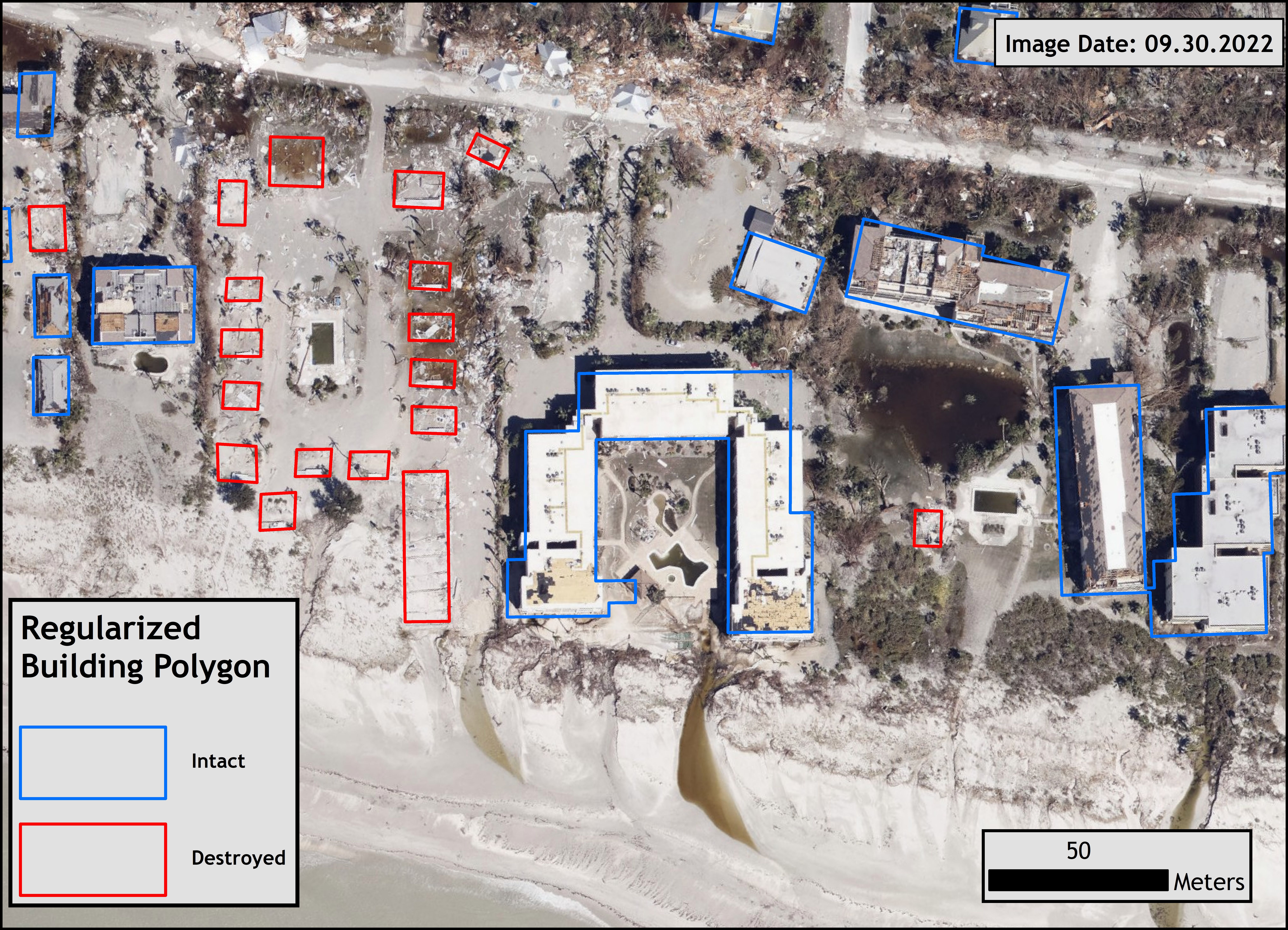Satellite image with AI-detected building outlines showing intact and destroyed structures following a hurricane.