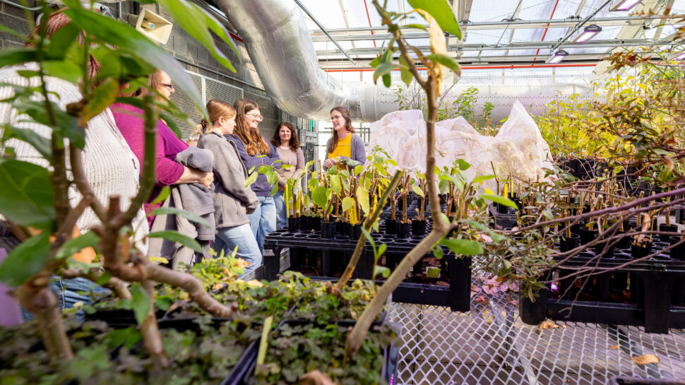 Kelsey Carter speaks to visitors during a tour at Oak Ridge National Laboratory, explaining plant ecophysiology research.