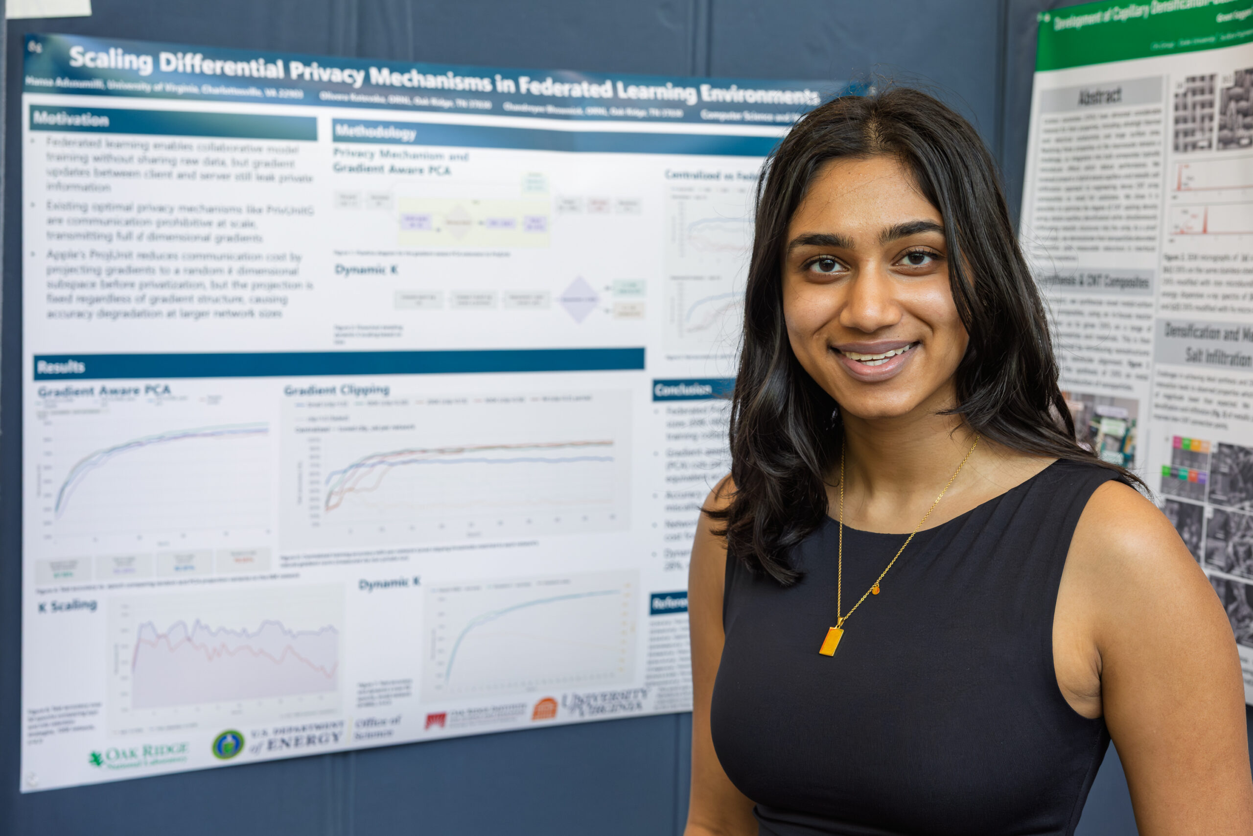 Students present scientific research posters during the Spring 2026 Student Poster Session at Oak Ridge National Laboratory. Attendees gather inside 5700 Main Street to discuss research projects and workforce development opportunities.