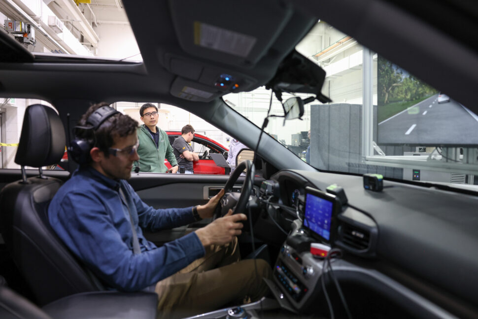 Vehicle-in-the-Loop (VIL) testing being completed in the Connected and Automated Vehicle Environment (CAVE) lab