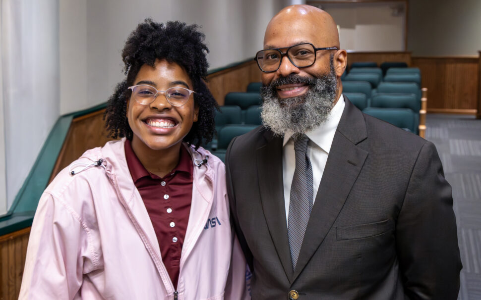 Aliya Hutley and Brennon Marcano smile for a portrait together following the GEM Leadership Site Visit at Oak Ridge National Laboratory.