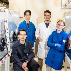 Wenda Wu, Chanho Kim, Guang Yang and Ella Williams pose in the Sulfide/Sulfur Translational Advanced Research Laboratory at Oak Ridge National Laboratory.