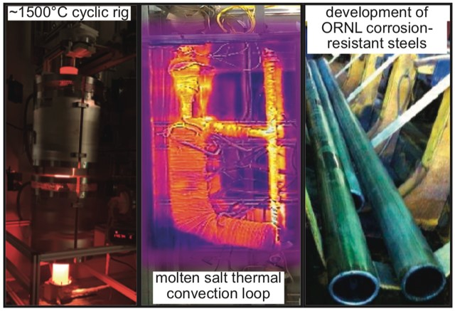 a montage of images, with a metal piece of equipment on the left, a glowing yellow and pink L-shaped object in the middle, and a closeup of a metal tube on the right
